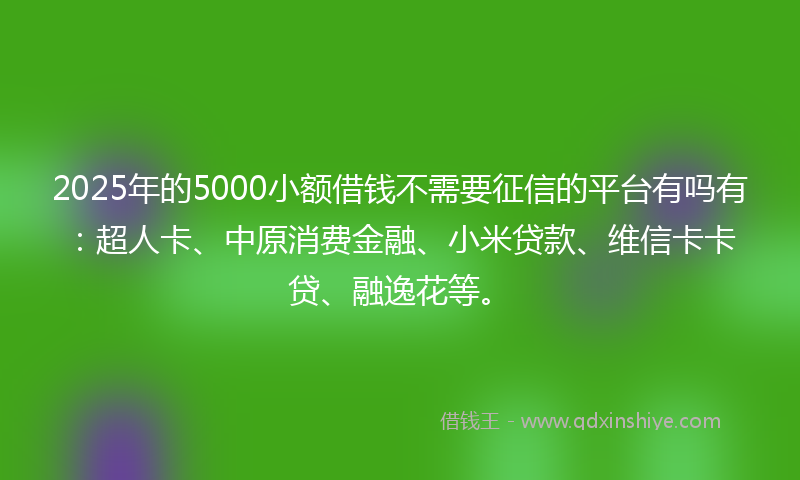 2025年的5000小额借钱不需要征信的平台有吗有：超人卡、中原消费金融、小米贷款、维信卡卡贷、融逸花等。