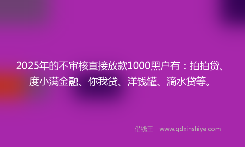 2025年的不审核直接放款1000黑户有：拍拍贷、度小满金融、你我贷、洋钱罐、滴水贷等。