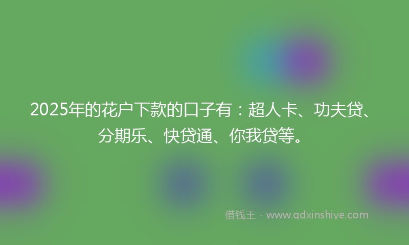 2025年的花户下款的口子有：超人卡、功夫贷、分期乐、快贷通、你我贷等。