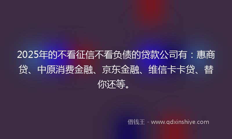 2025年的不看征信不看负债的贷款公司有：惠商贷、中原消费金融、京东金融、维信卡卡贷、替你还等。