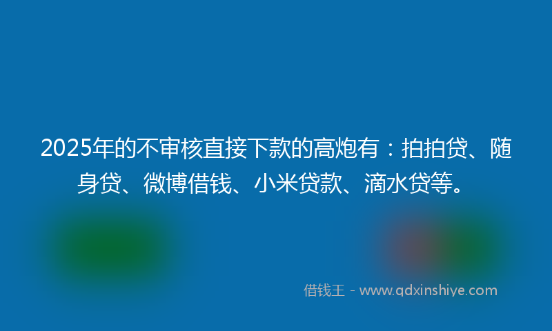 2025年的不审核直接下款的高炮有：拍拍贷、随身贷、微博借钱、小米贷款、滴水贷等。