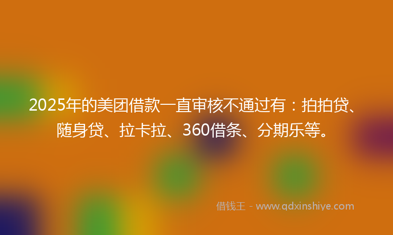 2025年的美团借款一直审核不通过有：拍拍贷、随身贷、拉卡拉、360借条、分期乐等。