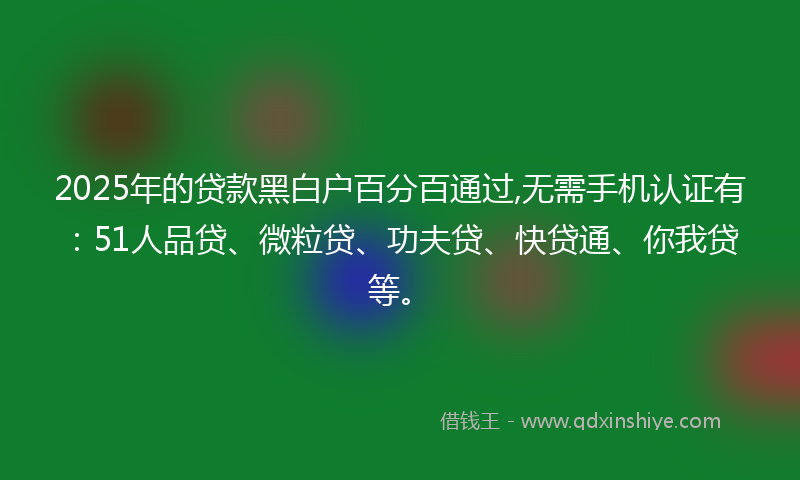 2025年的贷款黑白户百分百通过,无需手机认证有：51人品贷、微粒贷、功夫贷、快贷通、你我贷等。