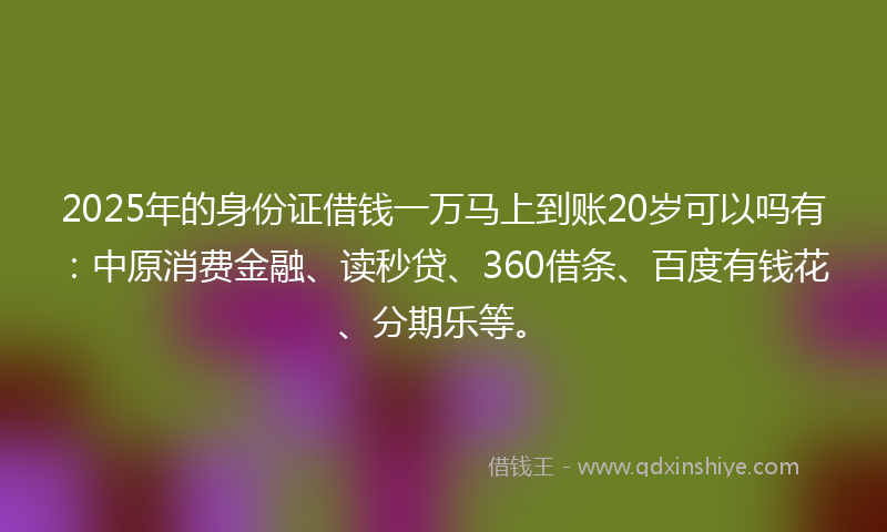 2025年的身份证借钱一万马上到账20岁可以吗有：中原消费金融、读秒贷、360借条、百度有钱花、分期乐等。