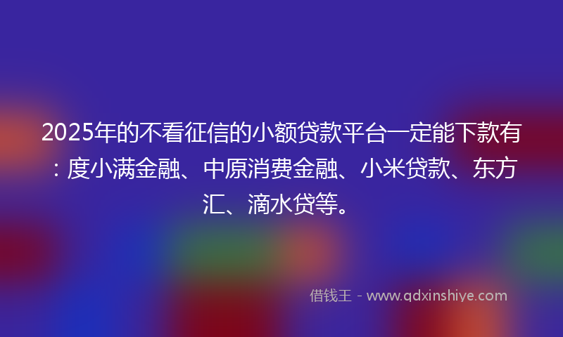 2025年的不看征信的小额贷款平台一定能下款有：度小满金融、中原消费金融、小米贷款、东方汇、滴水贷等。