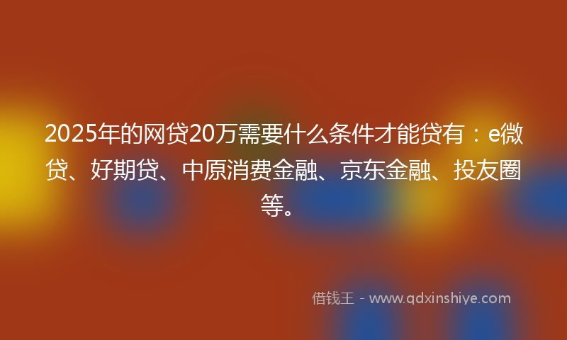 2025年的网贷20万需要什么条件才能贷有：e微贷、好期贷、中原消费金融、京东金融、投友圈等。