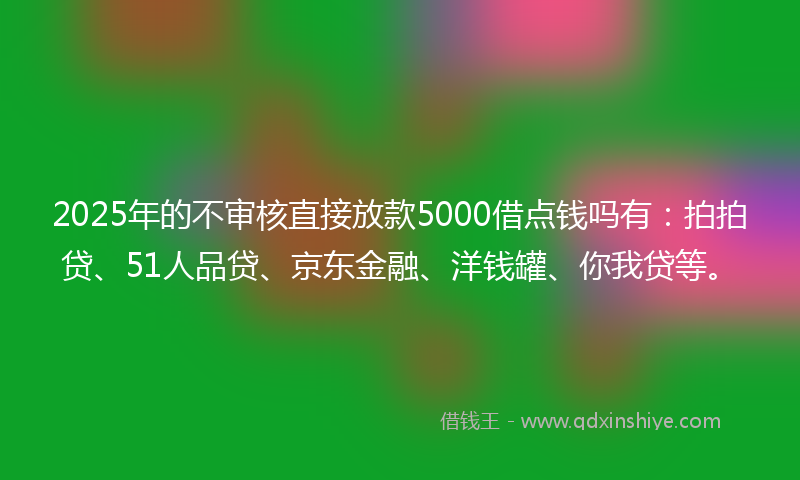 2025年的不审核直接放款5000借点钱吗有：拍拍贷、51人品贷、京东金融、洋钱罐、你我贷等。