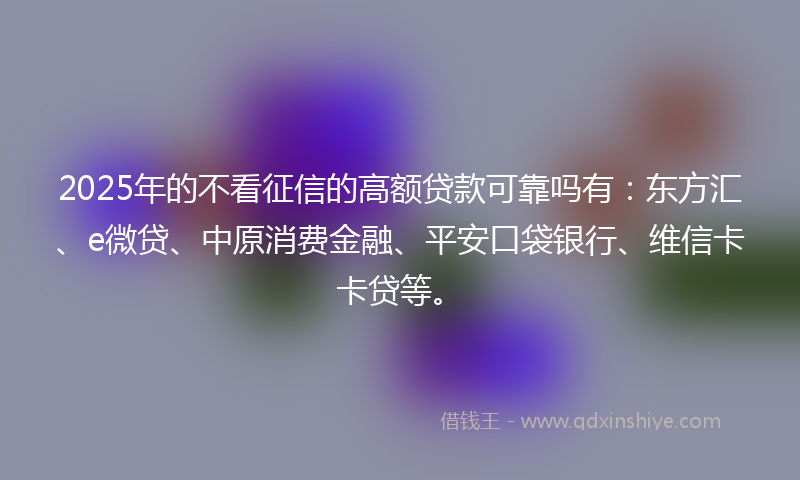 2025年的不看征信的高额贷款可靠吗有：东方汇、e微贷、中原消费金融、平安口袋银行、维信卡卡贷等。