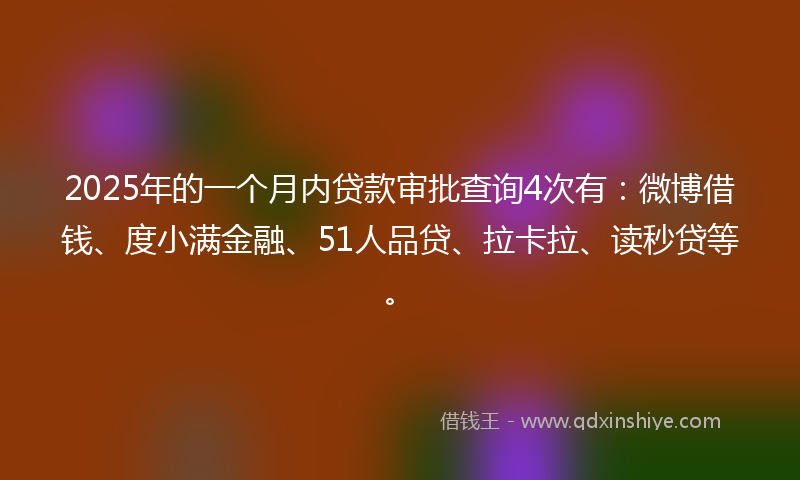 2025年的一个月内贷款审批查询4次有：微博借钱、度小满金融、51人品贷、拉卡拉、读秒贷等。