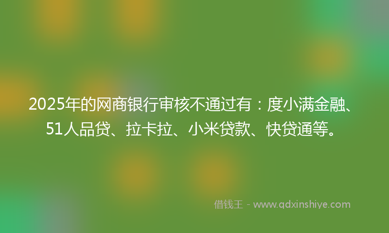 2025年的网商银行审核不通过有：度小满金融、51人品贷、拉卡拉、小米贷款、快贷通等。