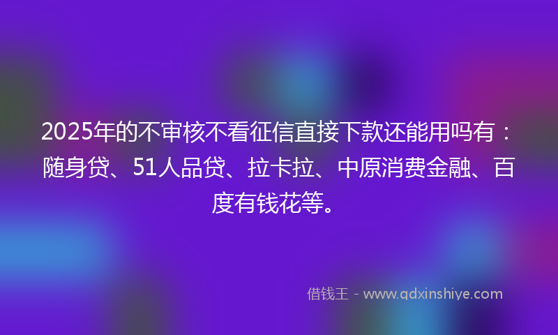 2025年的不审核不看征信直接下款还能用吗有：随身贷、51人品贷、拉卡拉、中原消费金融、百度有钱花等。