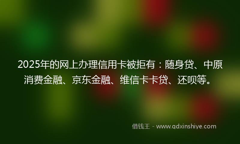 2025年的网上办理信用卡被拒有：随身贷、中原消费金融、京东金融、维信卡卡贷、还呗等。