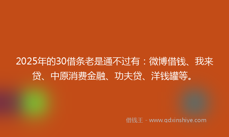 2025年的30借条老是通不过有：微博借钱、我来贷、中原消费金融、功夫贷、洋钱罐等。