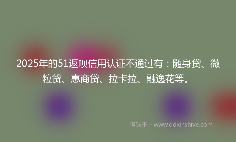 2025年的51返呗信用认证不通过有：随身贷、微粒贷、惠商贷、拉卡拉、融逸花等。