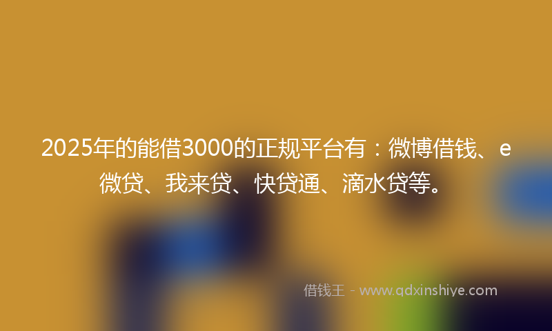 2025年的能借3000的正规平台有：微博借钱、e微贷、我来贷、快贷通、滴水贷等。