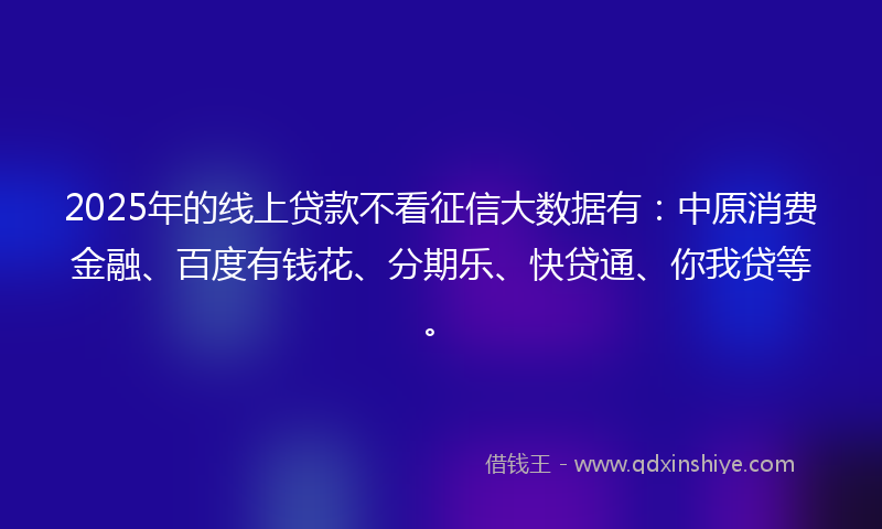 2025年的线上贷款不看征信大数据有：中原消费金融、百度有钱花、分期乐、快贷通、你我贷等。