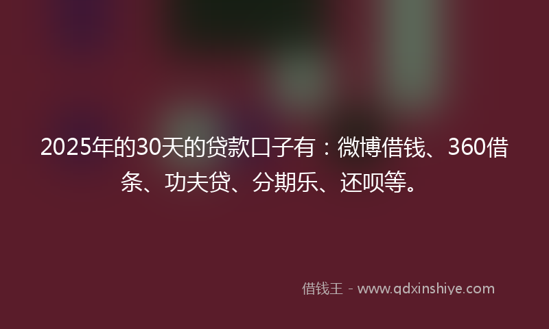 2025年的30天的贷款口子有：微博借钱、360借条、功夫贷、分期乐、还呗等。