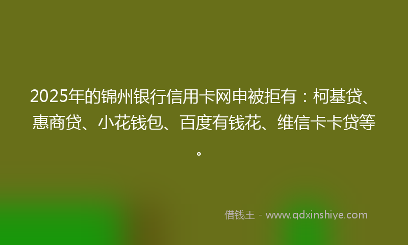 2025年的锦州银行信用卡网申被拒有:柯基贷、惠商贷、小花钱包、百度有钱花、维信卡卡贷等。
