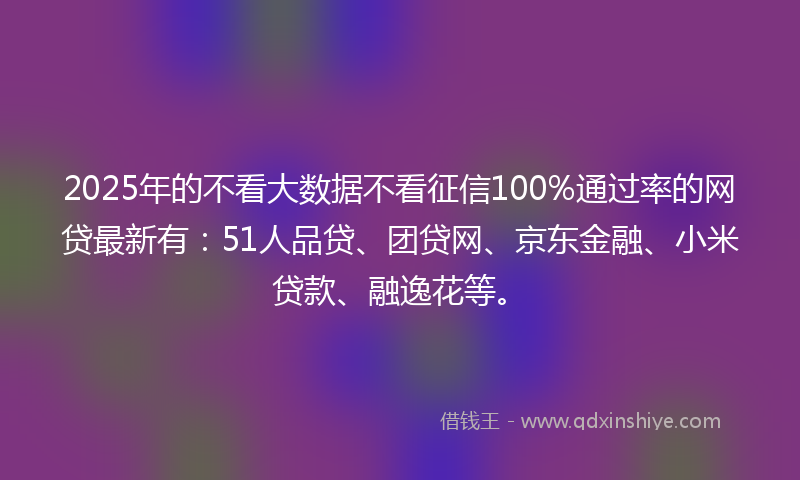 2025年的不看大数据不看征信100%通过率的网贷最新有：51人品贷、团贷网、京东金融、小米贷款、融逸花等。