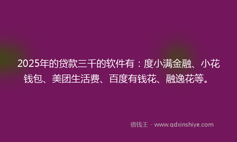 2025年的贷款三千的软件有：度小满金融、小花钱包、美团生活费、百度有钱花、融逸花等。
