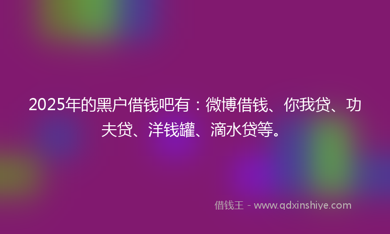 2025年的黑户借钱吧有:微博借钱、你我贷、功夫贷、洋钱罐、滴水贷等。