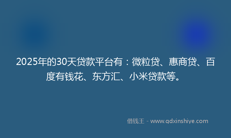 2025年的30天贷款平台有：微粒贷、惠商贷、百度有钱花、东方汇、小米贷款等。