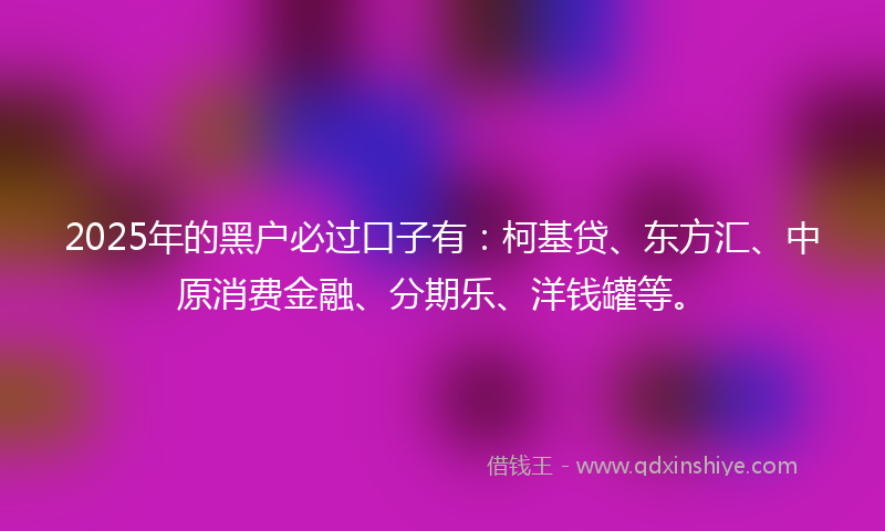 2025年的黑户必过口子有：柯基贷、东方汇、中原消费金融、分期乐、洋钱罐等。
