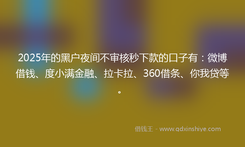2025年的黑户夜间不审核秒下款的口子有：微博借钱、度小满金融、拉卡拉、360借条、你我贷等。