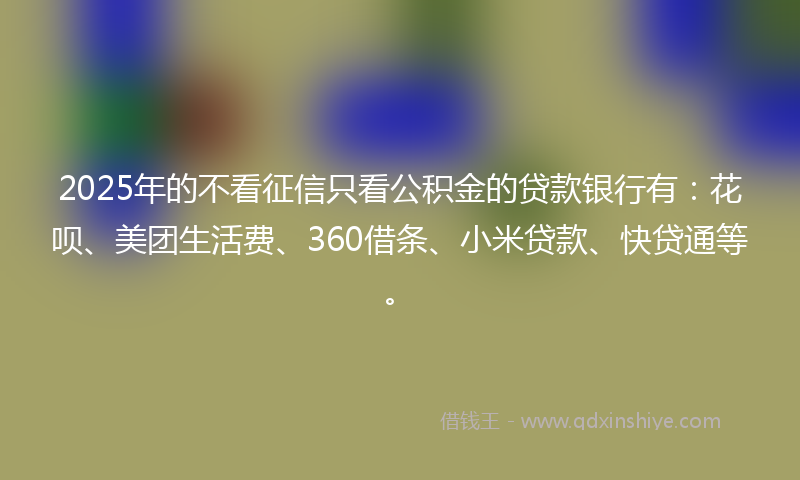 2025年的不看征信只看公积金的贷款银行有：花呗、美团生活费、360借条、小米贷款、快贷通等。