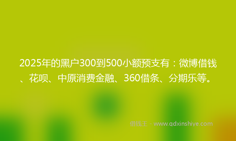 2025年的黑户300到500小额预支有：微博借钱、花呗、中原消费金融、360借条、分期乐等。