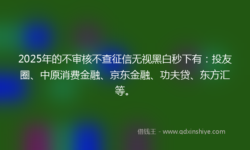 2025年的不审核不查征信无视黑白秒下有：投友圈、中原消费金融、京东金融、功夫贷、东方汇等。