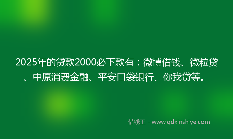 2025年的贷款2000必下款有：微博借钱、微粒贷、中原消费金融、平安口袋银行、你我贷等。