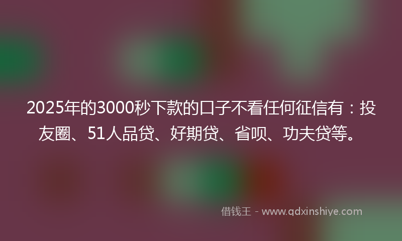 2025年的3000秒下款的口子不看任何征信有：投友圈、51人品贷、好期贷、省呗、功夫贷等。