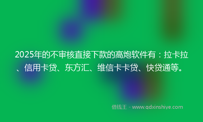2025年的不审核直接下款的高炮软件有：拉卡拉、信用卡贷、东方汇、维信卡卡贷、快贷通等。