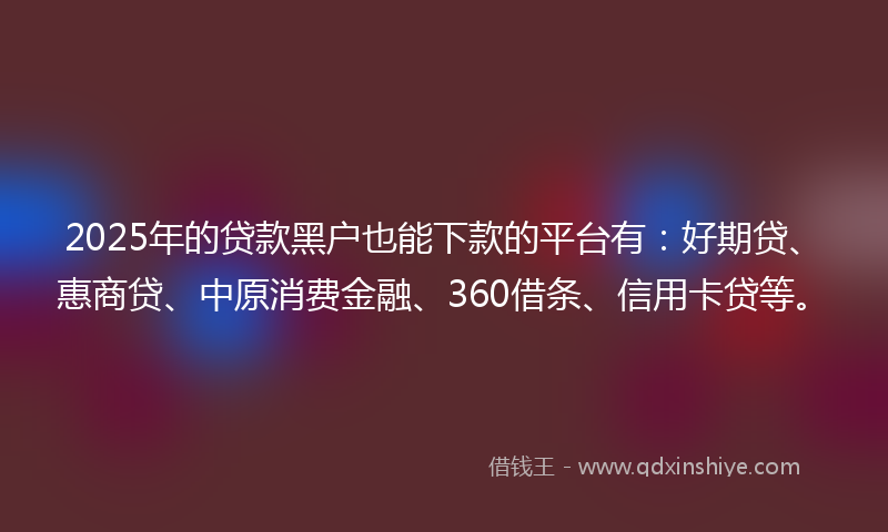 2025年的贷款黑户也能下款的平台有：好期贷、惠商贷、中原消费金融、360借条、信用卡贷等。