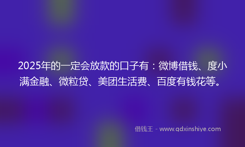 2025年的一定会放款的口子有：微博借钱、度小满金融、微粒贷、美团生活费、百度有钱花等。