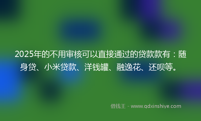 2025年的不用审核可以直接通过的贷款款有：随身贷、小米贷款、洋钱罐、融逸花、还呗等。