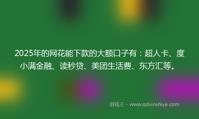2025年的网花能下款的大额口子有：超人卡、度小满金融、读秒贷、美团生活费、东方汇等。