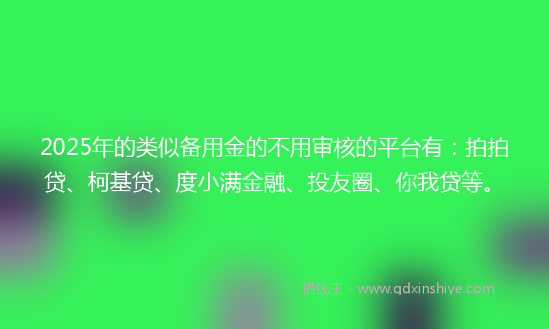 2025年的类似备用金的不用审核的平台有：拍拍贷、柯基贷、度小满金融、投友圈、你我贷等。