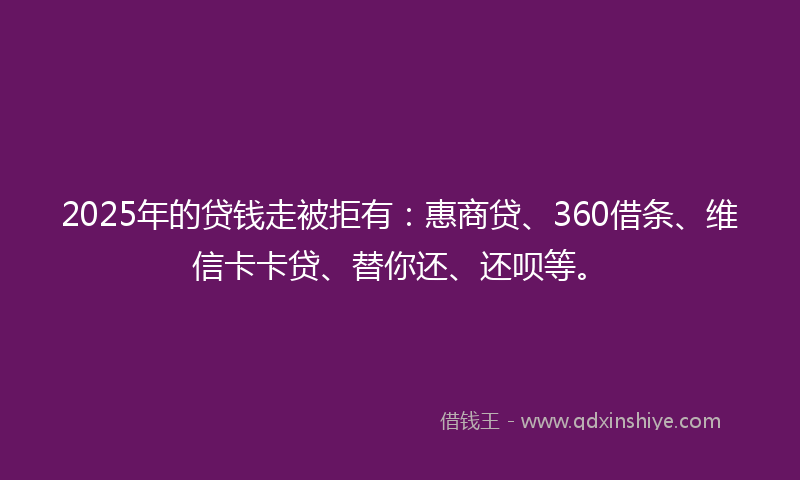 2025年的贷钱走被拒有：惠商贷、360借条、维信卡卡贷、替你还、还呗等。