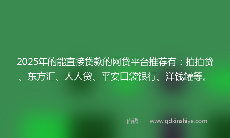 2025年的能直接贷款的网贷平台推荐有：拍拍贷、东方汇、人人贷、平安口袋银行、洋钱罐等。