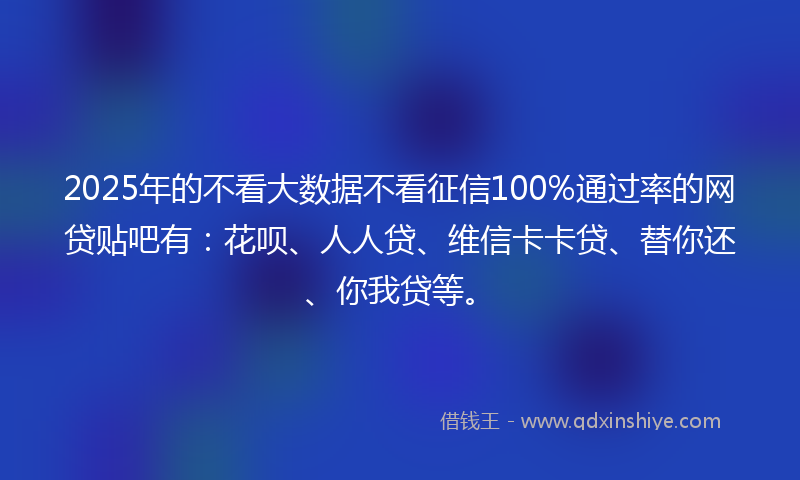 2025年的不看大数据不看征信100%通过率的网贷贴吧有：花呗、人人贷、维信卡卡贷、替你还、你我贷等。