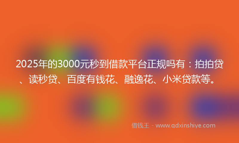 2025年的3000元秒到借款平台正规吗有：拍拍贷、读秒贷、百度有钱花、融逸花、小米贷款等。