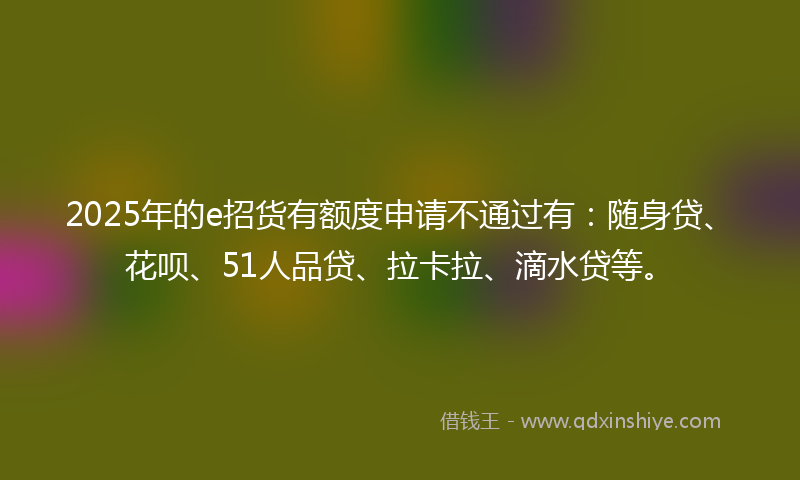 2025年的e招货有额度申请不通过有：随身贷、花呗、51人品贷、拉卡拉、滴水贷等。