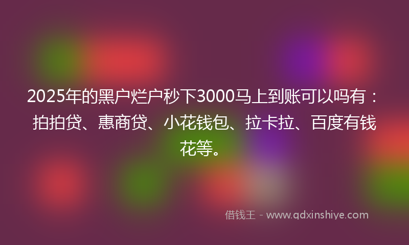 2025年的黑户烂户秒下3000马上到账可以吗有:拍拍贷、惠商贷、小花钱包、拉卡拉、百度有钱花等。