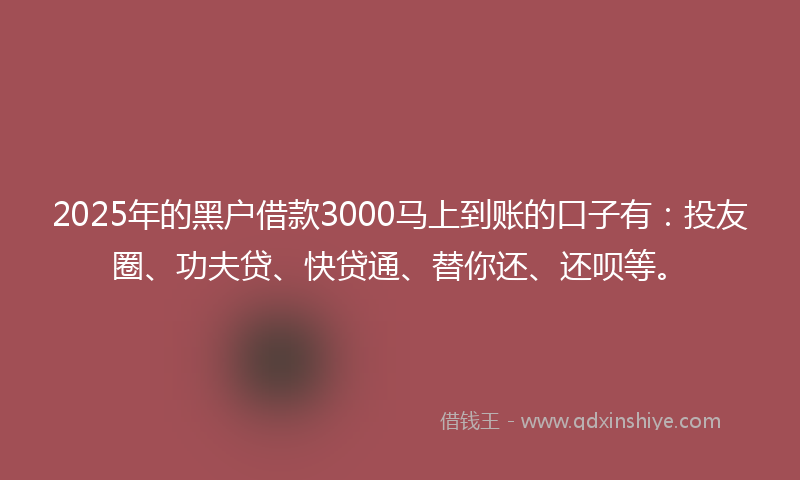 2025年的黑户借款3000马上到账的口子有:投友圈、功夫贷、快贷通、替你还、还呗等。