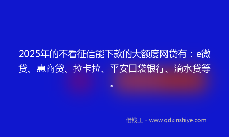 2025年的不看征信能下款的大额度网贷有：e微贷、惠商贷、拉卡拉、平安口袋银行、滴水贷等。