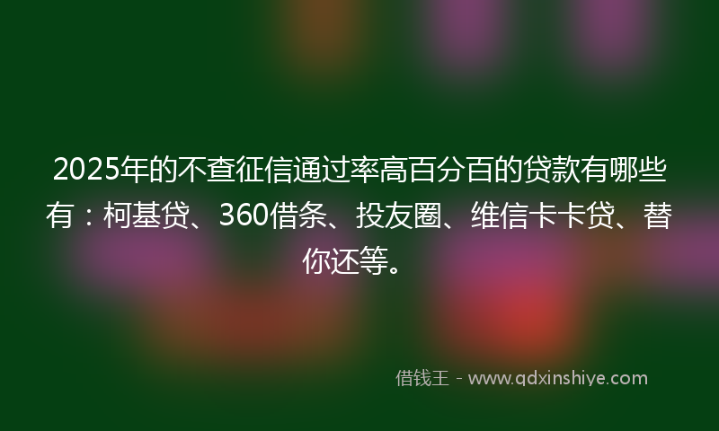 2025年的不查征信通过率高百分百的贷款有哪些有：柯基贷、360借条、投友圈、维信卡卡贷、替你还等。