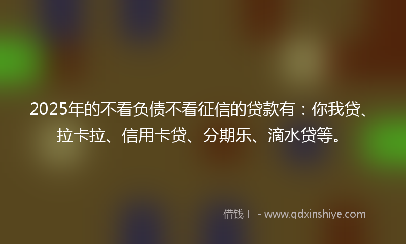 2025年的不看负债不看征信的贷款有：你我贷、拉卡拉、信用卡贷、分期乐、滴水贷等。