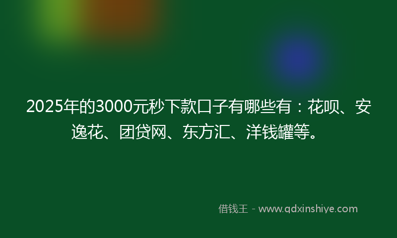 2025年的3000元秒下款口子有哪些有：花呗、安逸花、团贷网、东方汇、洋钱罐等。